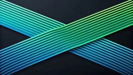  3d render, dynamic abstract geometric stripes in blue and green gradient on a black background.