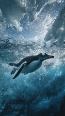 Obraz premium Close-up underwater view of a penguin gliding past an iceberg wall, light rays cutting through