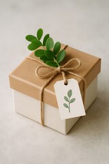Elegant gift box tied with twine and decorated with a green leafy sprig and tag