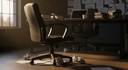 Abandoned dark office with dusty chair and crumpled papers, mood of failure or pressure.
