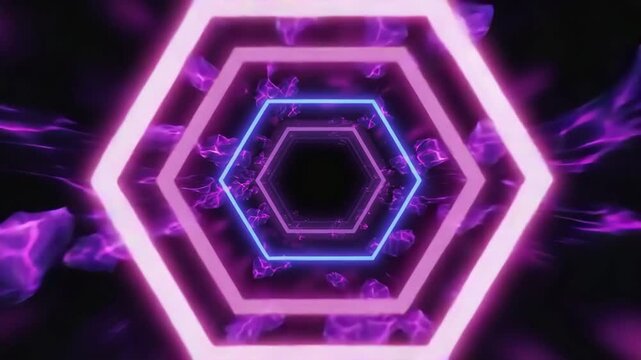 Futuristic purple neon tunnel in hexagonal shape with symmetrical glowing light reflections on dark background.