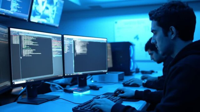 Two programmers intently work on code displayed across multiple monitors in a dimly lit office.