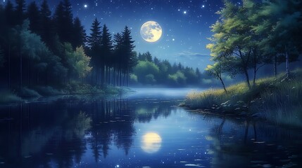 Serene moonlit lake nestled within a tranquil forest