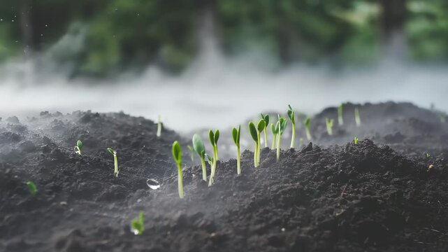 Young green sprouts emerging from moist dark soil in foggy environment, symbolizing growth, life and nature awakening.