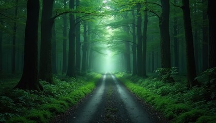 Fototapeta premium Sunlit forest path splits, offering two distinct routes through green trees. One way narrow, rocky trail faith, wide, smooth road representing temptation. Imagery evokes decisions, life journeys.