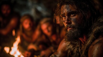 Obraz premium Close-up portrait of a Neanderthal man sitting near a flickering fire pit, surrounded by clan members