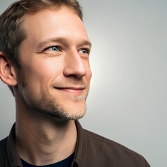 Fototapeta premium Close-up of adult man with short light brown hair and facial stubble, wearing dark shirt, looking upward with neutral expression on gray background
