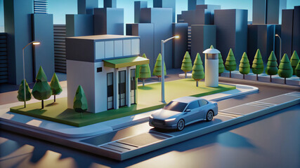 3D Render of Electric Car Charging Station in Modern City