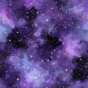 Galaxy themed fabric pattern in purple seamless