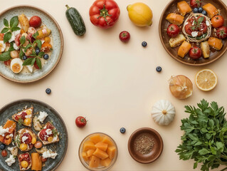 A colorful and healthy meal with fresh ingredients artistically arranged on a table.