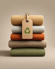 Stack of organic fabrics with eco clothing tag and green recycle symbol, sustainable fashion concept.
