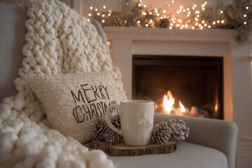 cozy evening by fireplace adorned with ultrabright ar text projection that reads christmas