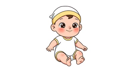 Adorable cartoon baby wearing a white and yellow sleep cap and onesie, sitting happily.