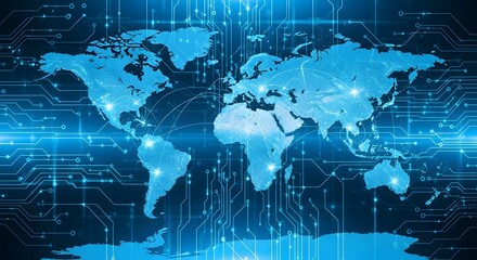 Global interconnectedness, world map overlaid on a complex circuit board, suggesting global technology and communication.