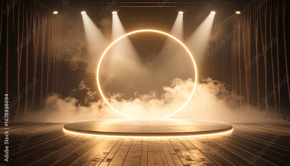 Poster dramatic stage setup with circular light and fog effect