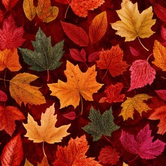 Fototapeta premium Autumn leaves fabric pattern in warm colors seamless