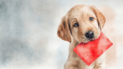 Charming puppy with a heart-shaped card in its mouth, soft and colorful watercolor painting