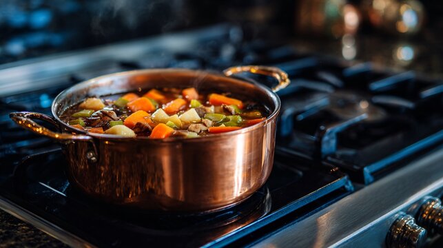 Single copper pot with root veggie stew simmering on black induction stove, fall air vibes