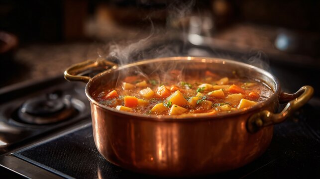 Single copper pot with root veggie stew simmering on black induction stove, fall air vibes