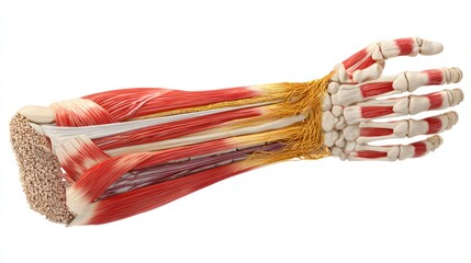 3D anatomical illustration of human arm muscles and bones, showing layers from skin to muscle