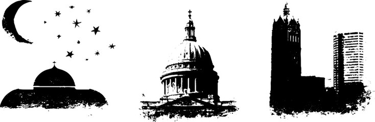 Obraz premium Monochrome moon and architectural elements silhouette stencil collection for design