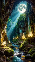Fototapeta premium A captivating cavern scene, illuminated by a moonlit glow, showcases crystals and a tranquil stream, evoking a mystical and serene atmosphere.