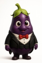 Cartoon eggplant in a tuxedo on a white background.