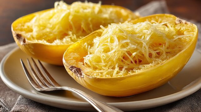 Spaghetti squash cut in half with fork twirls, creamy soft surface and plain ceramic plate