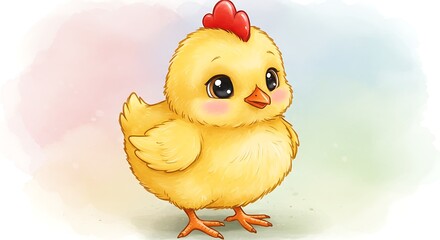 Adorable cartoon chick with big eyes and red comb on soft pastel background