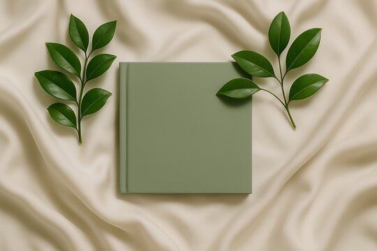 A closed sage green book rests on a textured cream fabric with two green leafy branches on either side