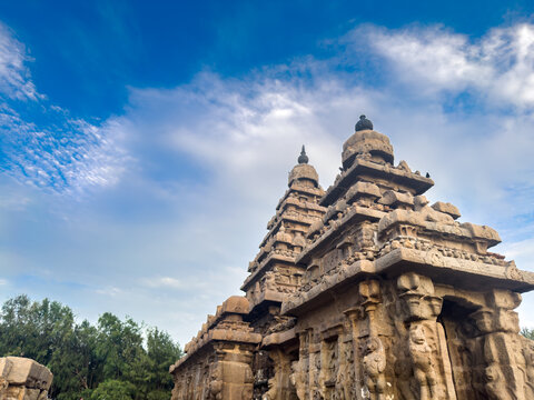 The towers of the beautiful shore temple which is one of the monuments in Mahabalipuram build by the Pallava kingdom, Tamil Nadu, India
