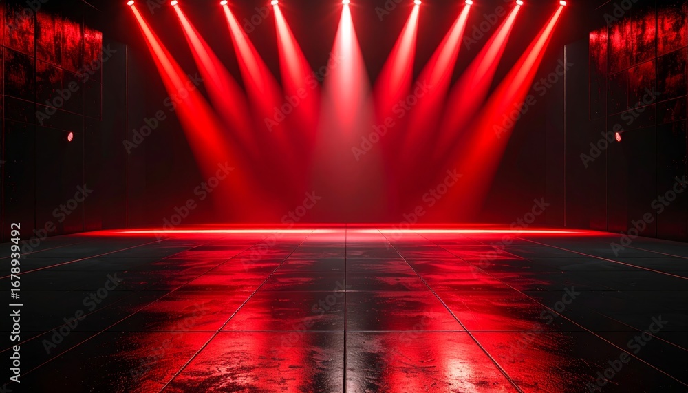 Poster dramatic red lighting with reflections in empty studio space