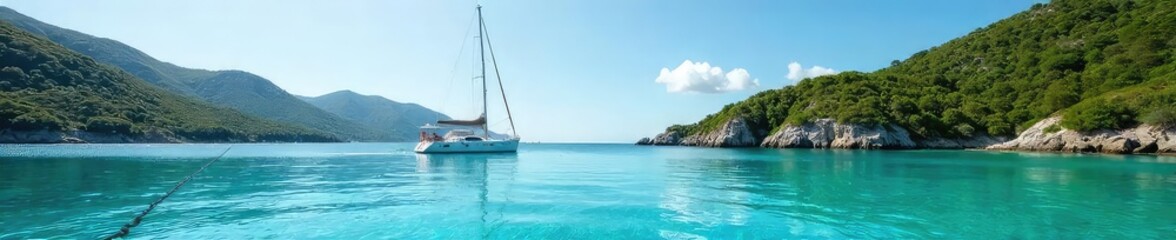 A sailboat gently rocking at anchor in a calm bay, surrounded by clear turquoise water and lush green hills The anchor chain is visible, leading down to the seabed , hills, vacation