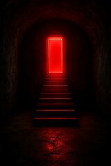 Fototapeta premium Mysterious glowing red doorway at the end of a dark hallway with illuminated stairs