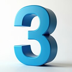 Fototapeta premium Clean 3D render of bright blue number three, isolated on white background. Glossy, dimensional digit stands out with smooth surface, subtle shading, perfect for concepts of counting, data