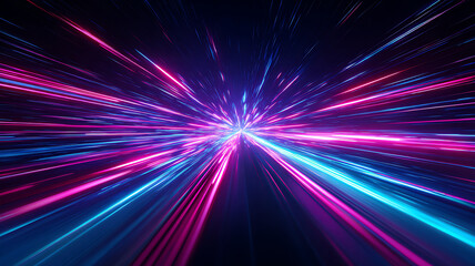Energetic speed of light burst with pink and blue neon streaks against a dark background.