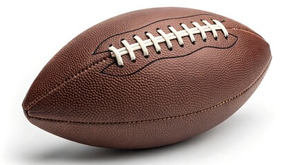  An American football sits centered on a pure white background, its texture and stitching clearly visible.