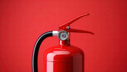 Obraz premium Red fire extinguisher on a red background close up