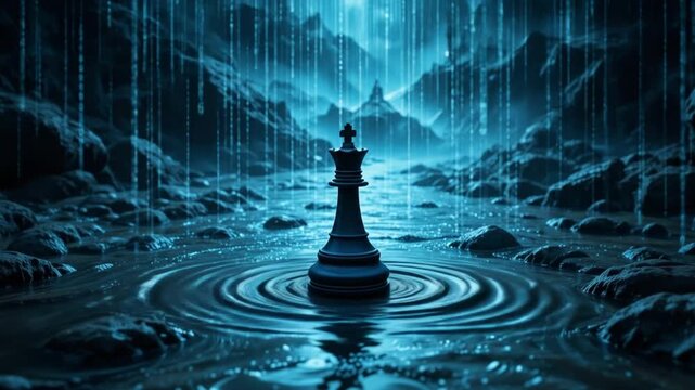A chess king stands alone amidst a stream of flowing binary code. 4k video