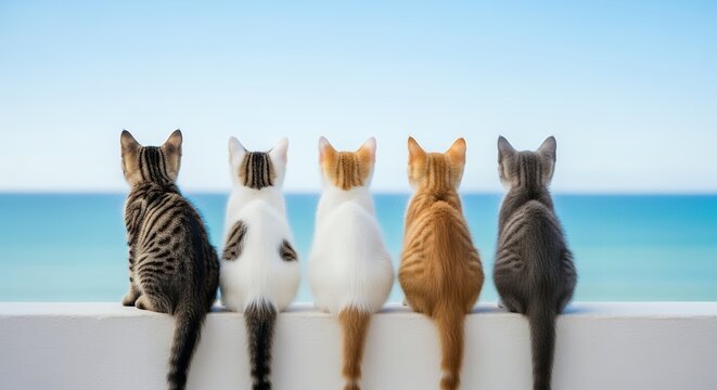 5匹の子猫が海を眺める後ろ姿、可愛すぎる癒やしの動物写真