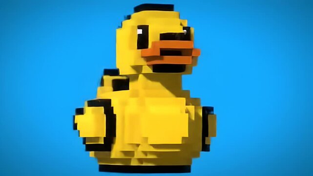 Yellow Pixelated Rubber Duck Animation on Blue Gradient Background Featuring Blocky Voxel Style Design and Looping Motion Perfect for Children's Content and Retro Theme