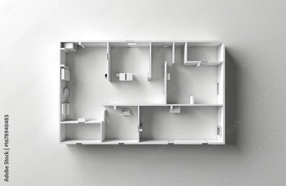Poster white architectural floor plan of modern home, presented in clean, minimalist top view. realistic 3d