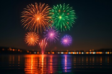 Vibrant fireworks explode in the night sky reflecting on a calm lake with a city skyline