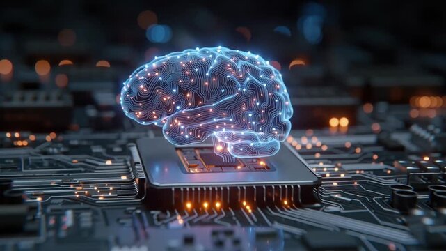 A digital representation of a brain floating above a microchip, showcasing intricate neural connections. The setting highlights advanced technology and coding elements in vivid 4k resolution.