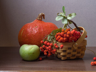 Autumn still life on the window - a bouquet of mountain ash, pumpkin, apples and a knitted blanket. Cozy house interior