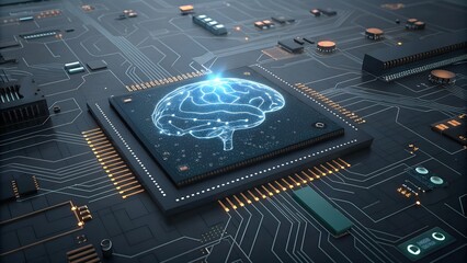Artificial intelligence AI neural network digital brain machine deep learning processing big data analysis technology connection mining chipset on Circuit board futuristic. 3d rendering.