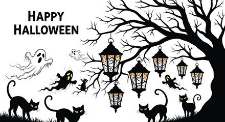 Fototapeta premium Happy halloween scene with black cats, ghosts, lanterns, and a spooky tree