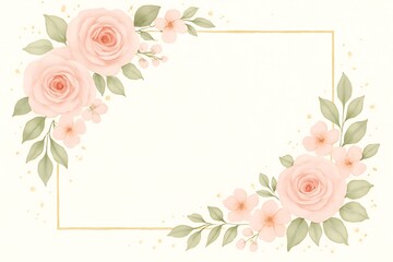 Elegant soft peach roses and green leaves forming a decorative floral border around a blank square frame
