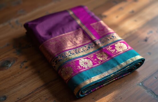 Traditional Paithani silk saree folded neatly, intricate gold zari weaving on purple base with magenta, teal borders. Handloom garment features floral motifs, ornate patterns, representing Indian