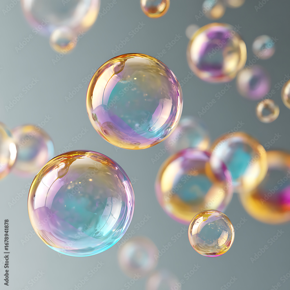 Poster floating iridescent bubbles create a visually stunning and ethereal abstract background with depth.